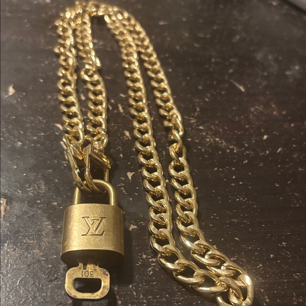 Louis Vuitton Gold Padlock and Key Chain Necklace #301